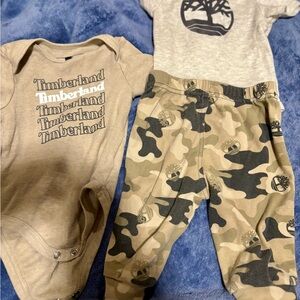 Timberland Beige Onesie and Camo Pants Set